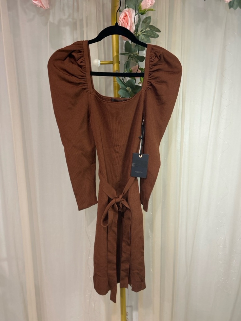 Brown Puff Sleeve Midi Dress Tie Waist Bodycon Stretch Square Neck S